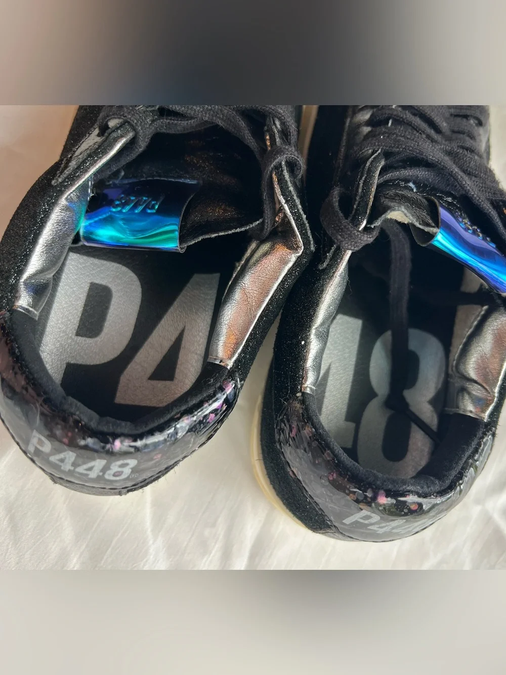 P448 Black Glitter Sneakers with Blue Iridescent Tongue size EU 36 or US 6
